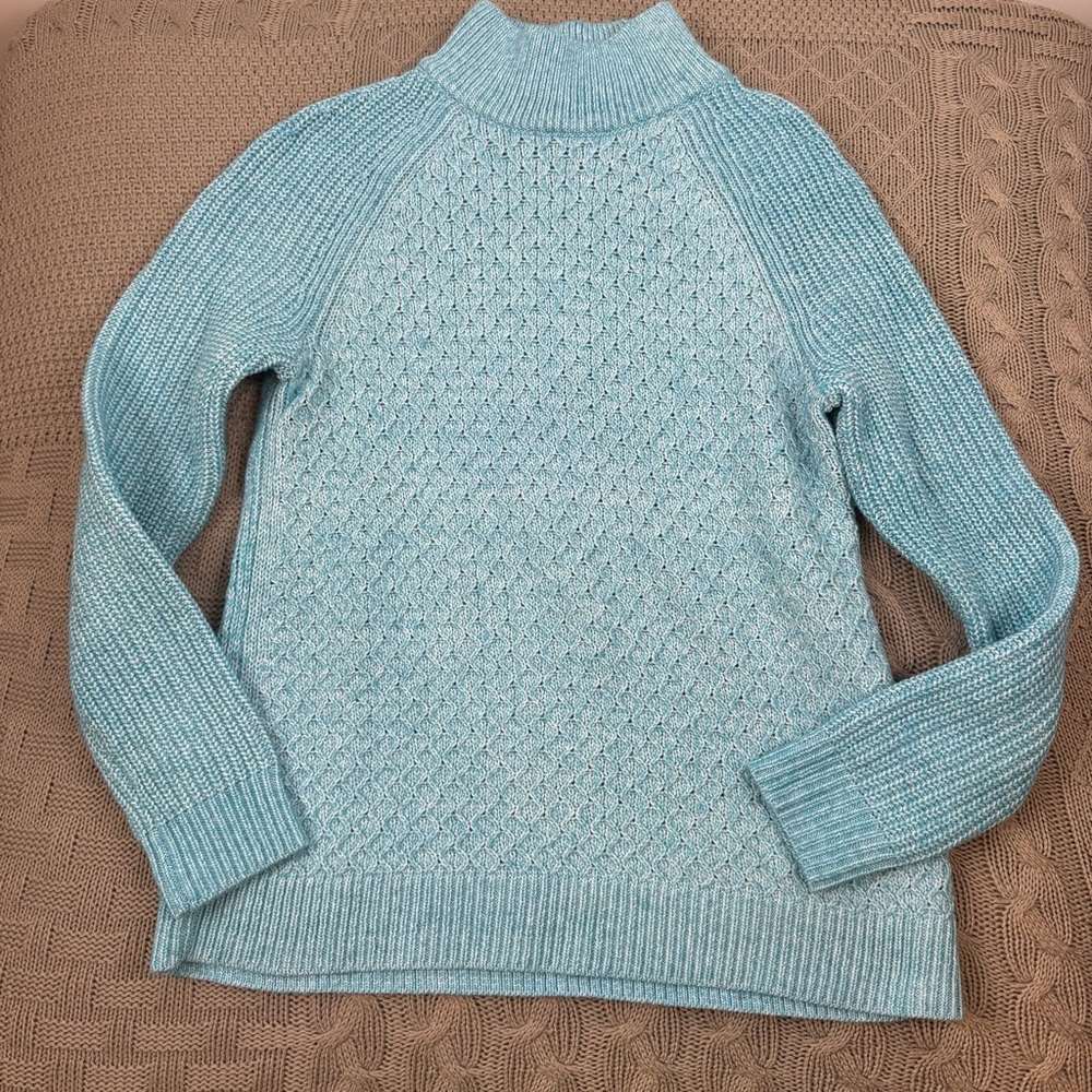 Talbots Women's Mixed Knits Light Aqua Blue Mock Turtleneck Sweater small petite